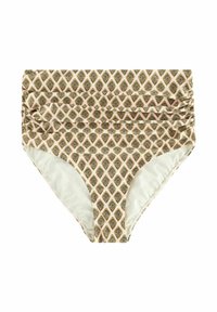 Bikini donji dio s visokim strukom, s unutarnjom oblogom u krem boji i vanjskim slojem s geometrijskim uzorkom u zelenoj i smeđoj boji. Teksturirani materijal.