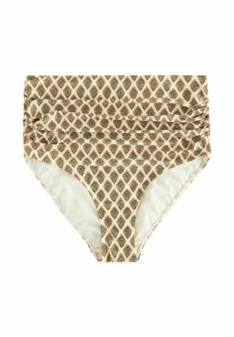 Bikini donji dio s visokim strukom, s unutarnjom oblogom u krem boji i vanjskim slojem s geometrijskim uzorkom u zelenoj i smeđoj boji. Teksturirani materijal.
