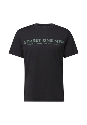 Czarny bawełniany t-shirt z krótkim rękawem, z zielonym napisem: "STREET ONE MEN ORIGINAL SUPPLY CO. WORN WITH PURPOSE."