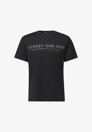 Czarny bawełniany t-shirt z krótkim rękawem, z zielonym napisem: "STREET ONE MEN ORIGINAL SUPPLY CO. WORN WITH PURPOSE."