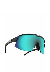 Gafas de sol deportivas negras con una gran lente curva espejada en azul-verde y patillas ajustables. Presenta un gran logotipo de la marca en el lado.