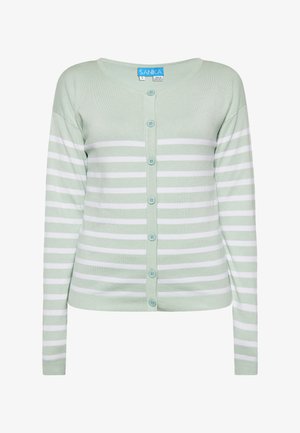 Lys grøn cardigan med hvide vandrette striber. Har en rund halsudskæring, lange ærmer og seks lyseblå knapper fortil.