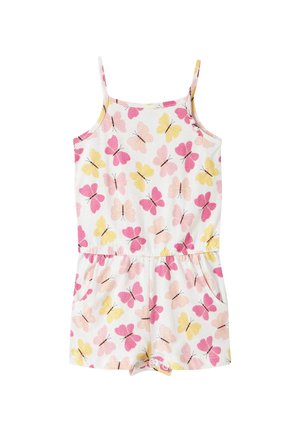 Biały kombinezon bez rękawów z wzorem motyli w kolorach różowym, żółtym i brzoskwiniowym, z elastyczną talią, bocznymi kieszeniami oraz zatrzaskami na dole.