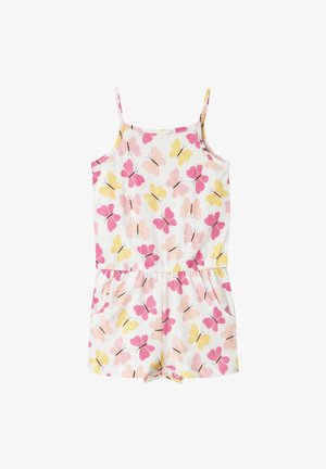 Combinaison blanche sans manches avec motifs de papillons roses, jaunes et pêche, taille élastique, poches latérales et boutons pression au bas.