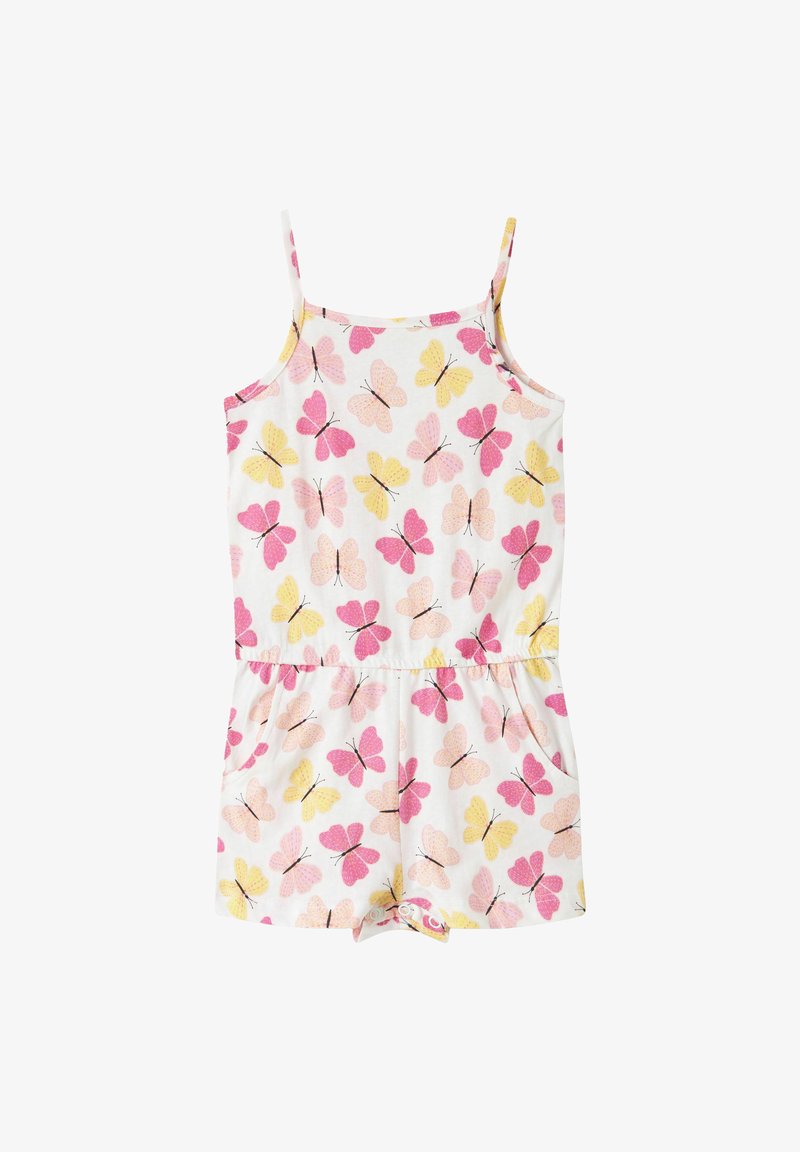 Combinaison blanche sans manches avec motifs de papillons roses, jaunes et pêche, taille élastique, poches latérales et boutons pression au bas.