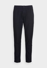 Plain dark navy slim-fit dress pants with front button and belt loops against a white background.