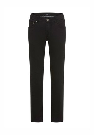 Jeans neri con vestibilità dritta, realizzati in denim. Presentano una chiusura con bottone e tasche frontali con dettagli di cucitura discreti.