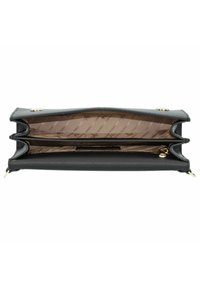Portefeuille en cuir noir avec quincaillerie dorée, présentant plusieurs compartiments, une section zippée et un revêtement intérieur en tan à motif.