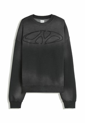 Black crewneck sweatshirt with long sleeves and embossed abstract logo across the chest.