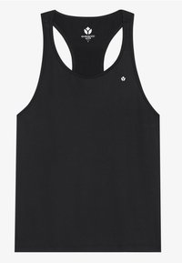 Svart atletisk tanktopp med rund halslinning og racerback-design. Laget av glatt stoff, med minimal sømdetaljer og en liten logo.