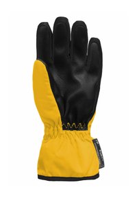Waterproof glove with a black textured palm and yellow fabric cuff. Features elastic wrist for a secure fit. Suitable for heavy-duty tasks.