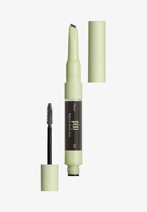 Produit pour les sourcils à double extrémité avec un boîtier vert clair. Une extrémité présente un embout crayon, l'autre une brosse spirale noire pour l'application de gel.
