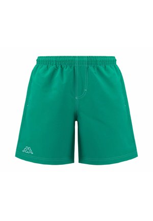 Pantaloni da bagno verdi con vita elastica, caratterizzati da cuciture a contrasto e da un piccolo logo bianco in basso a sinistra. Texture liscia, vestibilità regolare.