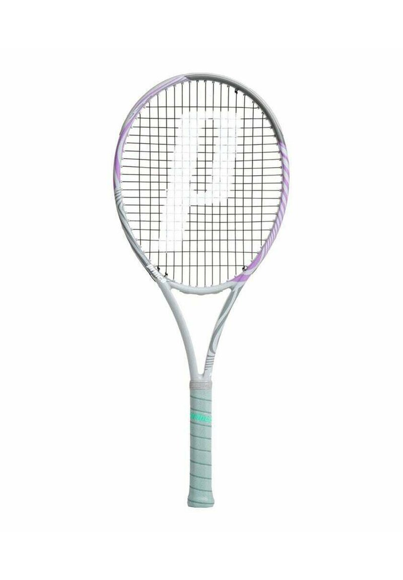 Tennisracket met een ronde frame, grijze en paarse accenten, een gestructureerde grip en een zwart snaarpatroon dat een opvallend logo op de snaren vormt.