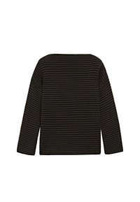 Maglione lavorato a maglia a righe orizzontali nero e grigio scuro, a maniche lunghe, con orlo dritto e ampia scollatura a barca, visto da dietro.