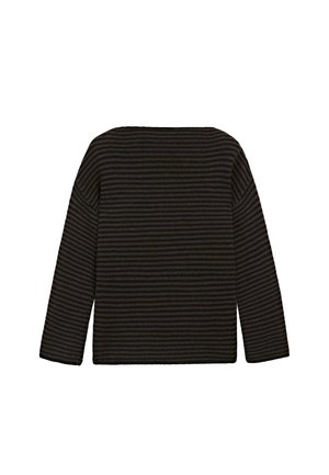 Maglione lavorato a maglia a righe orizzontali nero e grigio scuro, a maniche lunghe, con orlo dritto e ampia scollatura a barca, visto da dietro.