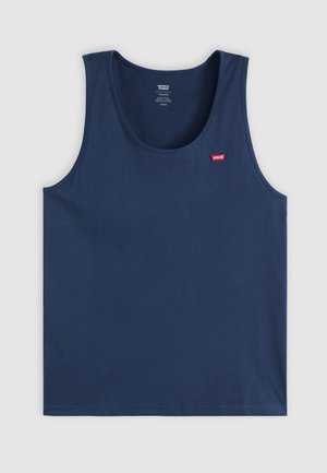 Navy blue sleeveless Levi's tank top with round neckline and small red Levi's logo tag on the left chest.