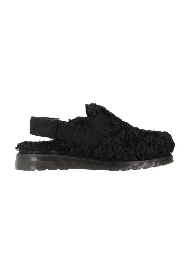 Schwarzer, flauschiger Stoff-Slip-On-Schuh mit verstellbarem Fersenriemen und strukturiertem Laufsohle, der ein einfaches, offenes Design für leichtes Anziehen bietet.