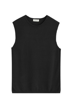 Gilet en maille noir sans manches avec col rond et bord-côte, étiquette FRILIVIN à l'intérieur du col arrière.