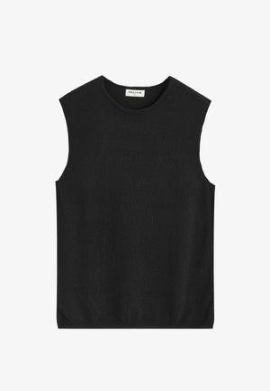 Gilet en maille noir sans manches avec col rond et bord-côte, étiquette FRILIVIN à l'intérieur du col arrière.