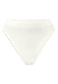 Vit, ribbad bikinitrosa med hög midja. Tillverkad av mjukt tyg med slät textur och elastisk midjeresår.