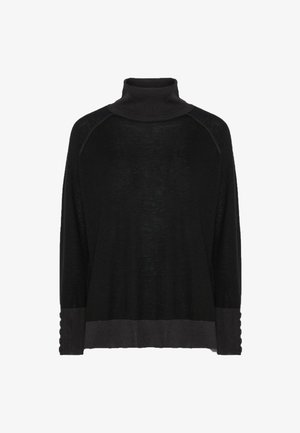 Schwarzer Rollkragenpullover mit langen Ärmeln, ausgestattet mit Rippenstruktur und Knopfdetails an den Bündchen. Lockere Passform und leichtes Material.