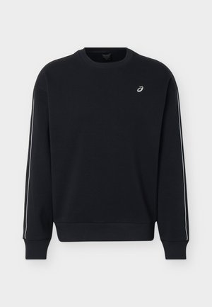 Black long-sleeve crewneck sweatshirt with white piping along sleeves and a small white logo on the upper left chest.