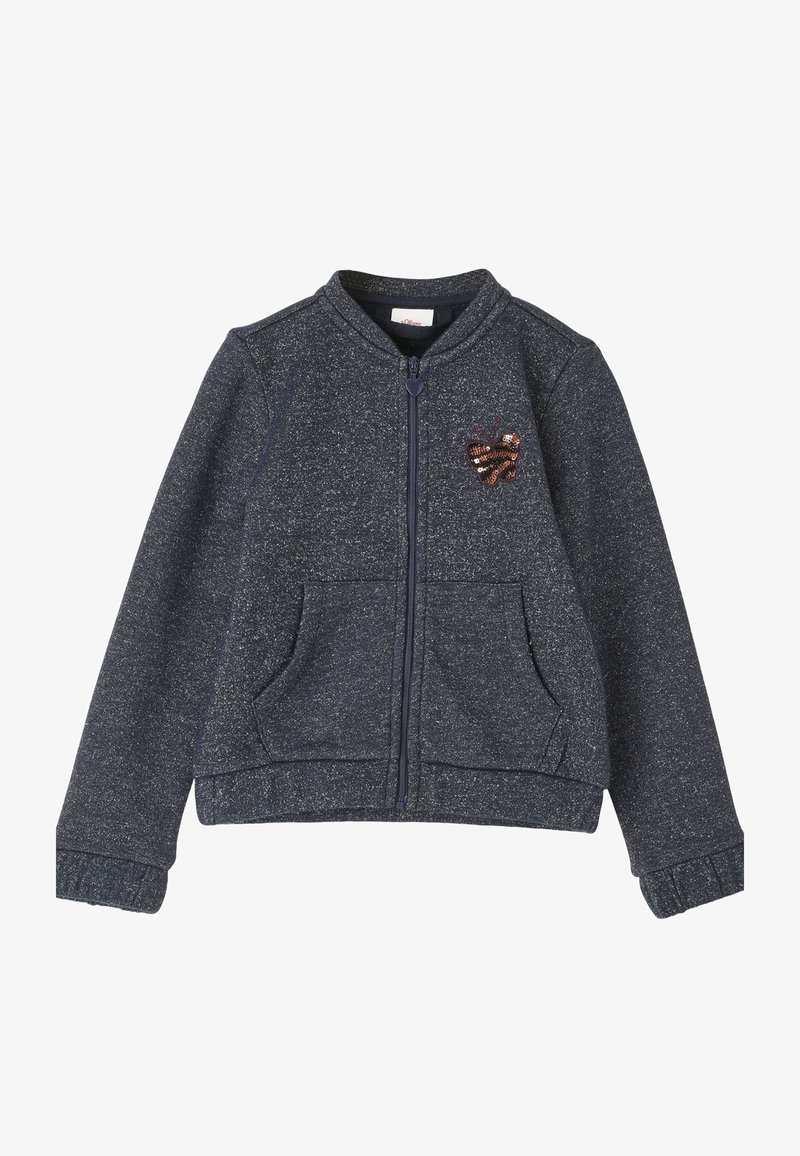 Veste zippée gris foncé pour enfants avec poches avant et petite décoration papillon marron à paillettes sur la poitrine.