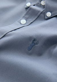 Camicia azzurro chiaro con colletto abbottonato, caratterizzata da bottoni bianchi e un disegno ricamato di aragosta blu scuro sul petto. Tessuto liscio.