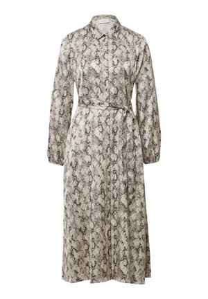 Long-sleeve dress in a cream and brown snake print, featuring a collared neck, front button closure, and a belted waist. Smooth fabric texture.