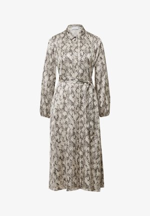 Langärmliges Kleid in einem creme- und braunfarbenen Schlangenprint, mit einem Kragen, einer vorderen Knopfleiste und einer taillierten Taille mit Gürtel. Glatte Stoffstruktur.