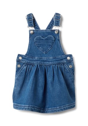 Spijkerovertuigjurk in blauw, met verstelbare bandjes, een hartvormig zakje en een geplooide rok. Zilveren knopen accentueren de taille.