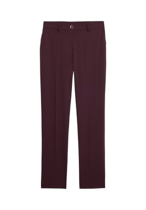 Pantaloni su misura color marsala con taglio dritto, dotati di chiusura frontale con bottone, passanti per cintura e una texture di tessuto liscia.