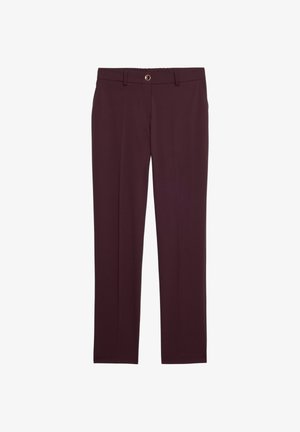 Pantaloni su misura color marsala con taglio dritto, dotati di chiusura frontale con bottone, passanti per cintura e una texture di tessuto liscia.