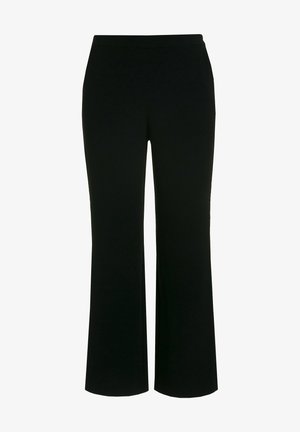 Czarne, szerokie spodnie wykonane z elastycznego materiału o gładkiej teksturze. Posiadają wysoki stan i boczne kieszenie dla większej funkcjonalności.