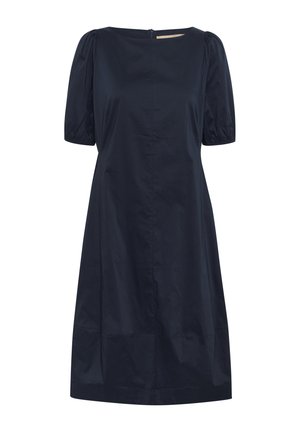 Robe bleu marine avec un col rond, des manches courtes bouffantes et une fermeture éclair dissimulée dans le dos. Texture lisse et design jusqu'aux genoux.