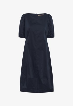 Robe bleu marine avec un col rond, des manches courtes bouffantes et une fermeture éclair dissimulée dans le dos. Texture lisse et design jusqu'aux genoux.