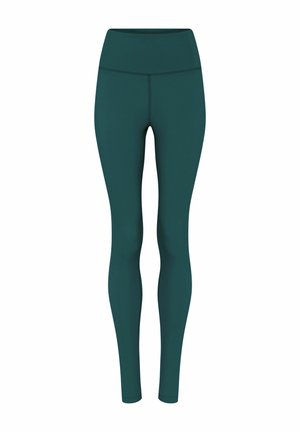 Sötétzöld, magas derekú, teljes hosszúságú női leggings lapos varrással, sportos vagy hétköznapi viseletre tervezve.