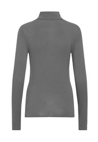 Maglia grigia a maniche lunghe, aderente e con collo alto, vista da dietro, senza motivi o loghi visibili.