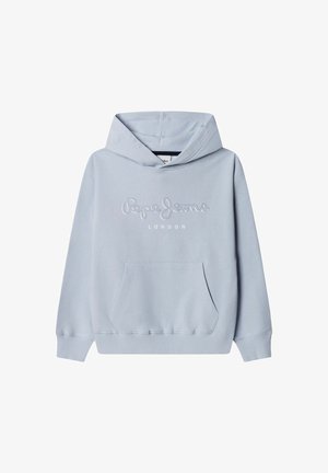 Lichtblauwe capuchontrui van zachte stof, met een voorzak en een reliëf "Pepe Jeans London" logo. Geribbelde boorden aan mouwen en zoom.