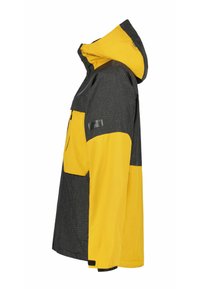 Żółto-czarna kurtka z kapturem, z siatkowymi wzorami na górnej części ciała i rękawach, z zamkiem błyskawicznym w kieszeni na piersi oraz regulowanymi paskami na mankietach.