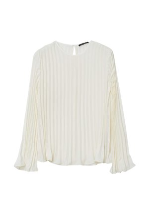 Weiße Bluse mit langen Ärmeln, vertikalen Falten, rundem Ausschnitt, Schlüssellochverschluss am Rücken und weichem, leichtem Stoff.