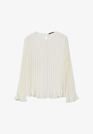 Weiße Bluse mit langen Ärmeln, vertikalen Falten, rundem Ausschnitt, Schlüssellochverschluss am Rücken und weichem, leichtem Stoff.