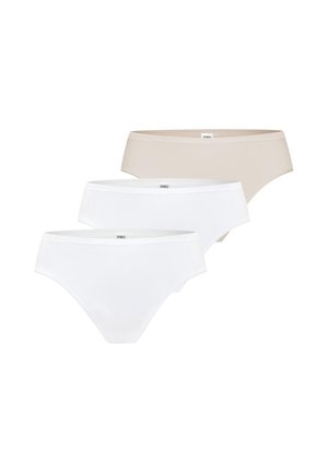 Trois culottes bikini pour femmes en beige et blanc, disposées en rangée décalée sur fond blanc.