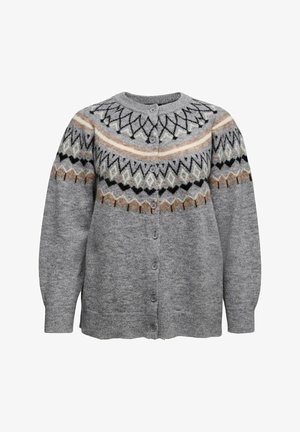 Gray knitted cardigan featuring a round neckline, button front, and geometric patterns in beige, black, and white across the chest.