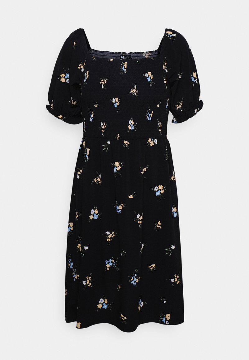 Μαύρο φλοράλ φόρεμα με κοντά φουσκωτά μανίκια, τετράγωνη λαιμόκοψη και χαλαρή γραμμή. Διαθέτει μικρά μπλε και κίτρινα φλοράλ σχέδια σε όλη την επιφάνεια.