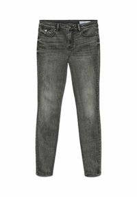 Jeans skinny en denim gris oscuro, con una cintura de altura media, bolsillos frontales con herrajes y un ligero desvanecimiento para añadir textura.