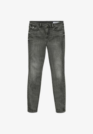 Tievās džinsās tumši pelēkā krāsā, ar vidēju jostas augstumu, priekšējām kabatām ar aparatūru un smalku izbalējumu tekstūras uzlabošanai.