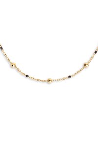 Collana in oro con sfere dorate lucide alternate a piccoli accenti neri, intrecciate in un design delicato.
