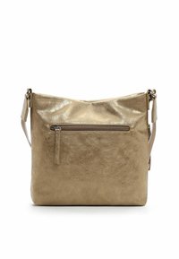 Metallic gold handbag featuring a zippered front pocket, smooth texture, adjustable strap, and a minimalist design.